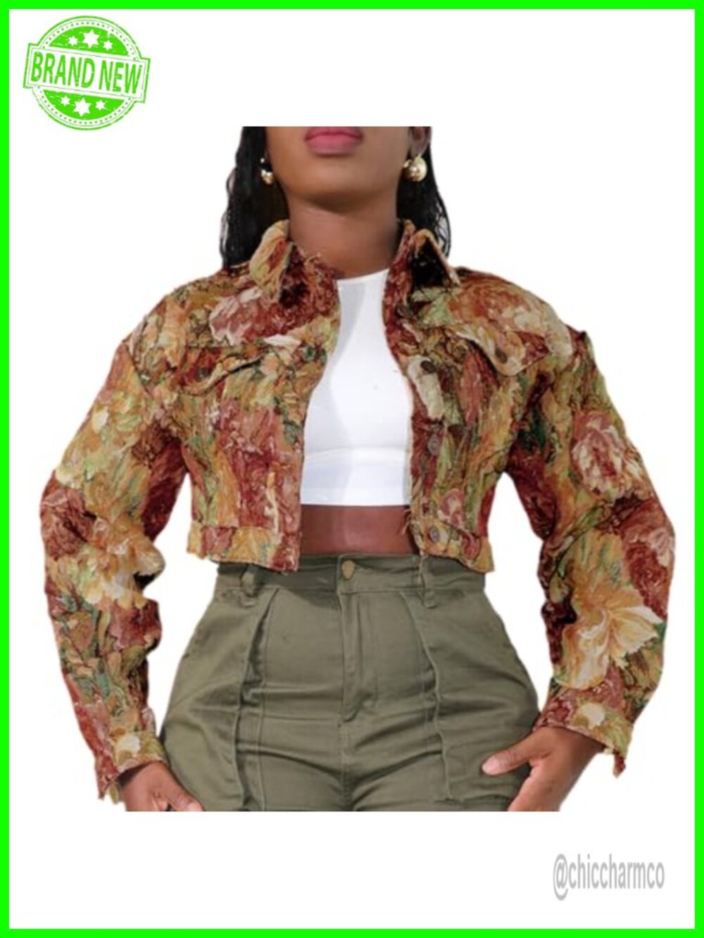 Jacquard Cropped Floral Jacket Button Down Lapel Crop Women's Trendy